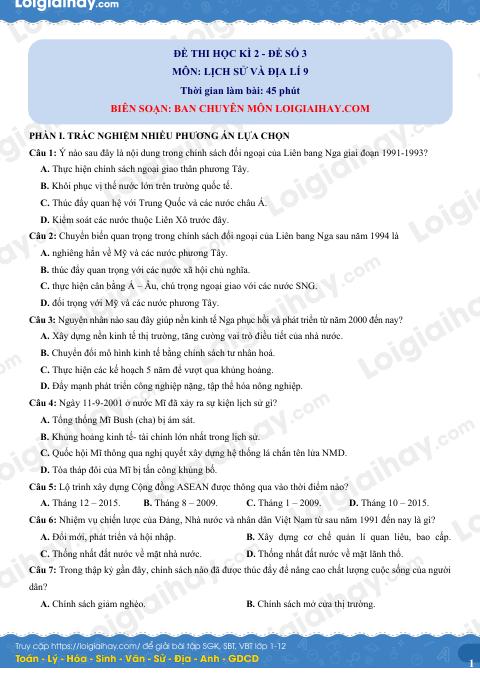 Đề thi học kì 2 Lịch sử và Địa lí 9 - Đề số 3